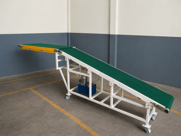 Tilting loading conveyor Eine grüne Rampe mit stabiler Unterstruktur in einem Innenraum.