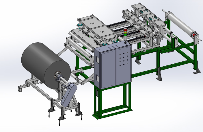 Hole punching machine Maschine zur Verarbeitung von Materialien mit Förderbändern und einer großen Walze.