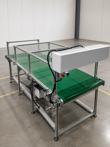 Belt conveyor Förderband mit Glasabdeckung, grünem Band und Steuerungseinheit, in einer Lagerhalle.